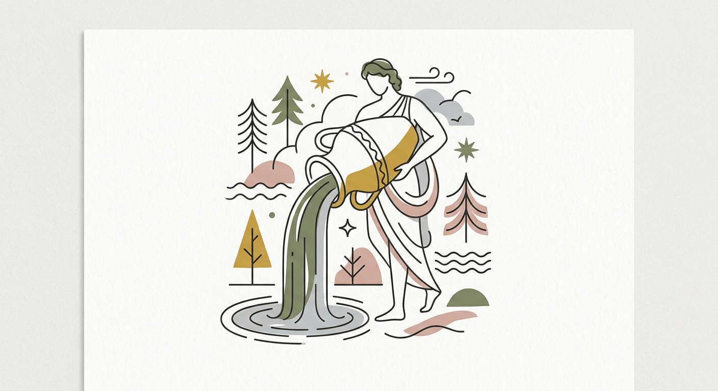 水瓶から水が流れ落ちるシンプルなイラスト（ガニュメデスのイメージ）