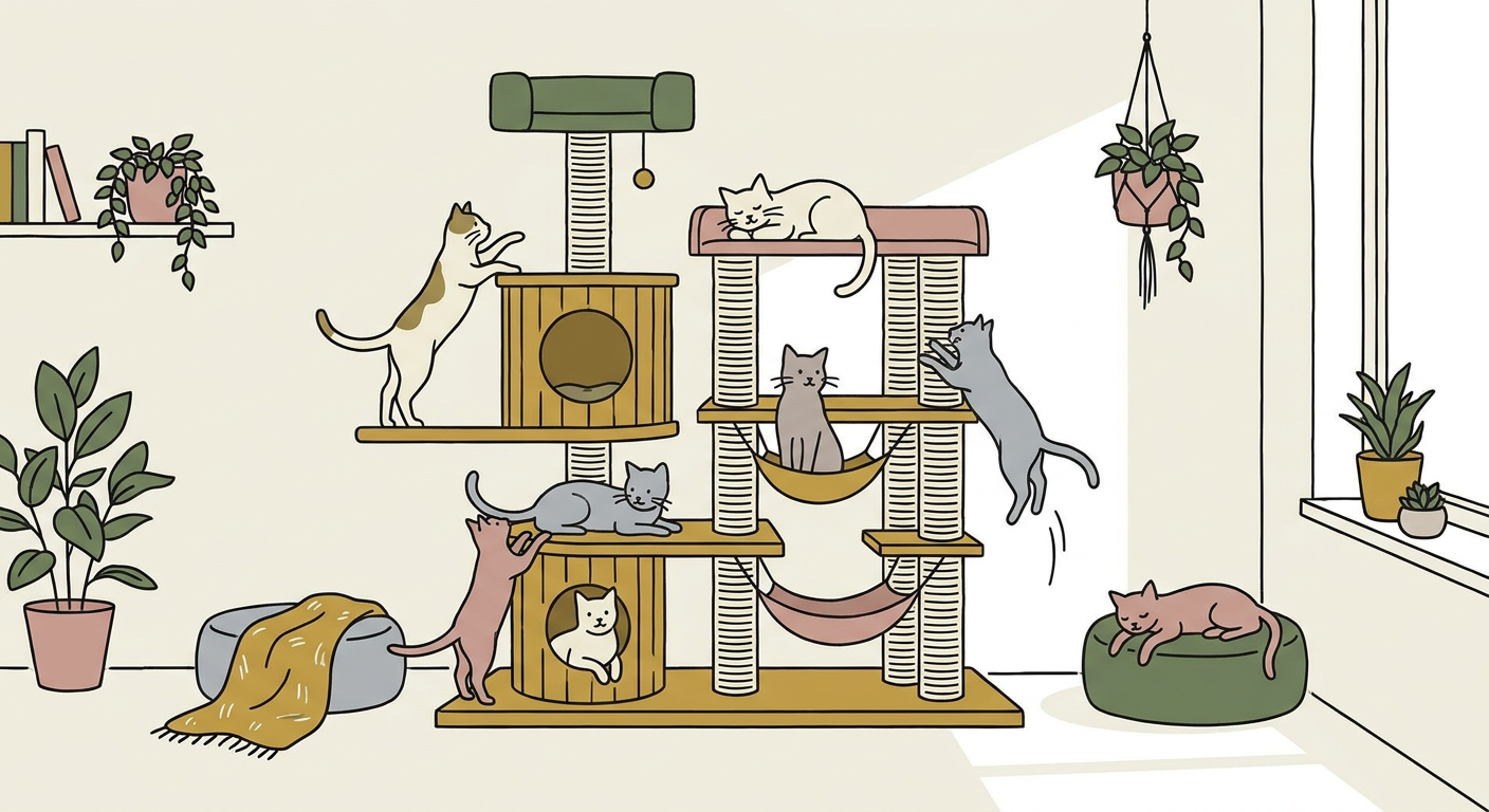 キャットタワーで上下運動を楽しむ猫のイラスト