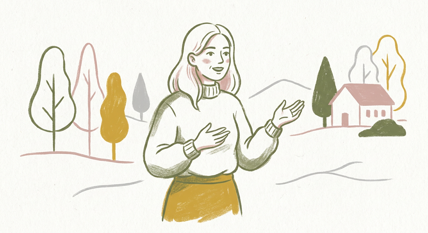 自信を持って話す女性のイメージ（北欧イラスト風）