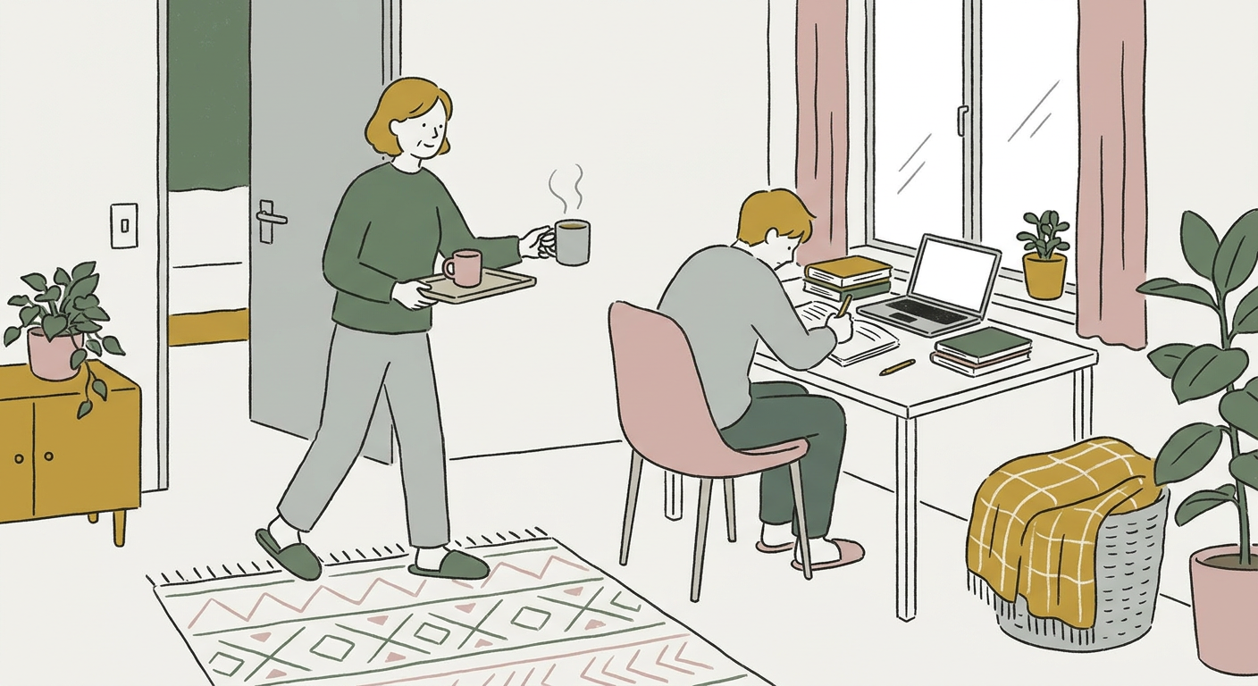 受験生の机に温かい飲み物を運ぶ親のイメージ