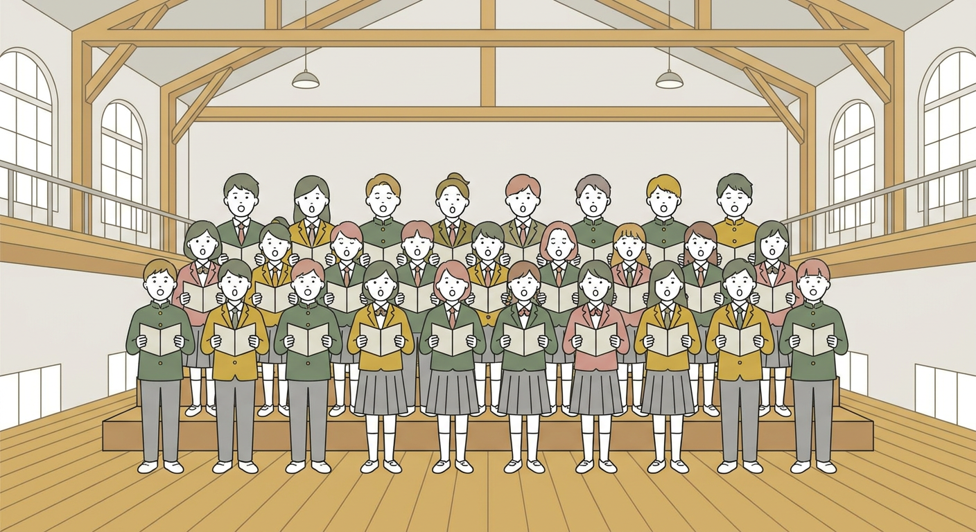 体育館で並んで合唱する生徒たち