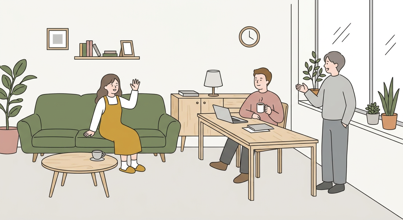 オフィスで距離感を保ちながら会話する人々の北欧イラスト風
