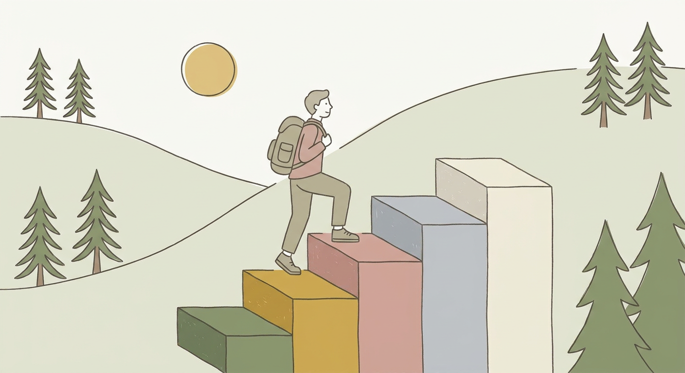 5つのステップを階段状に登っていく人の北欧イラスト風