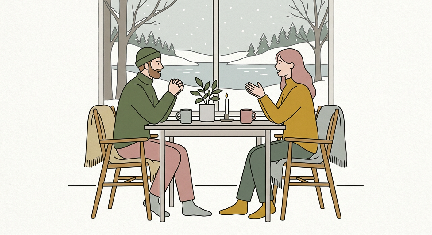初対面の二人が窓辺のテーブルで穏やかに会話している北欧イラスト風シーン