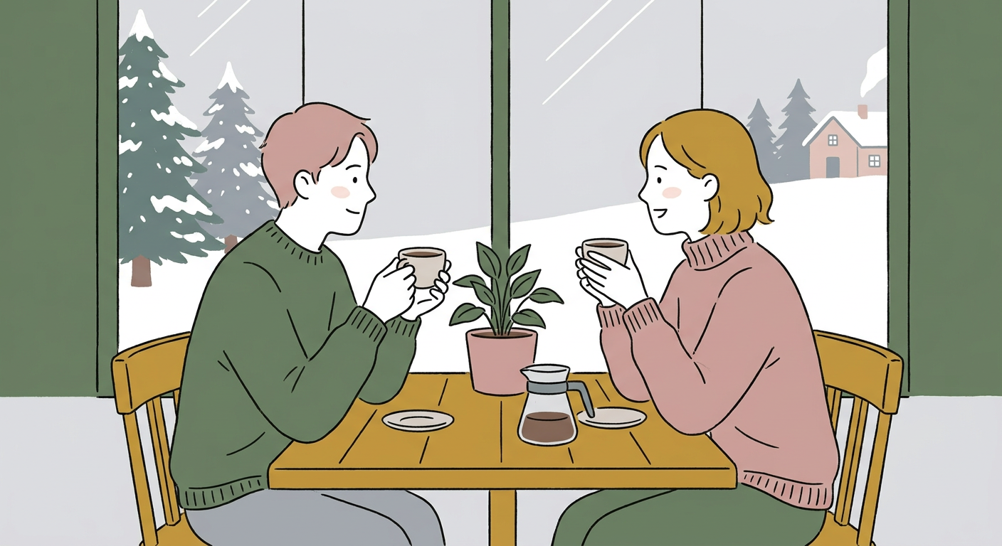 カフェのテーブルで二人がコーヒーを片手に穏やかに会話している北欧イラスト風シーン