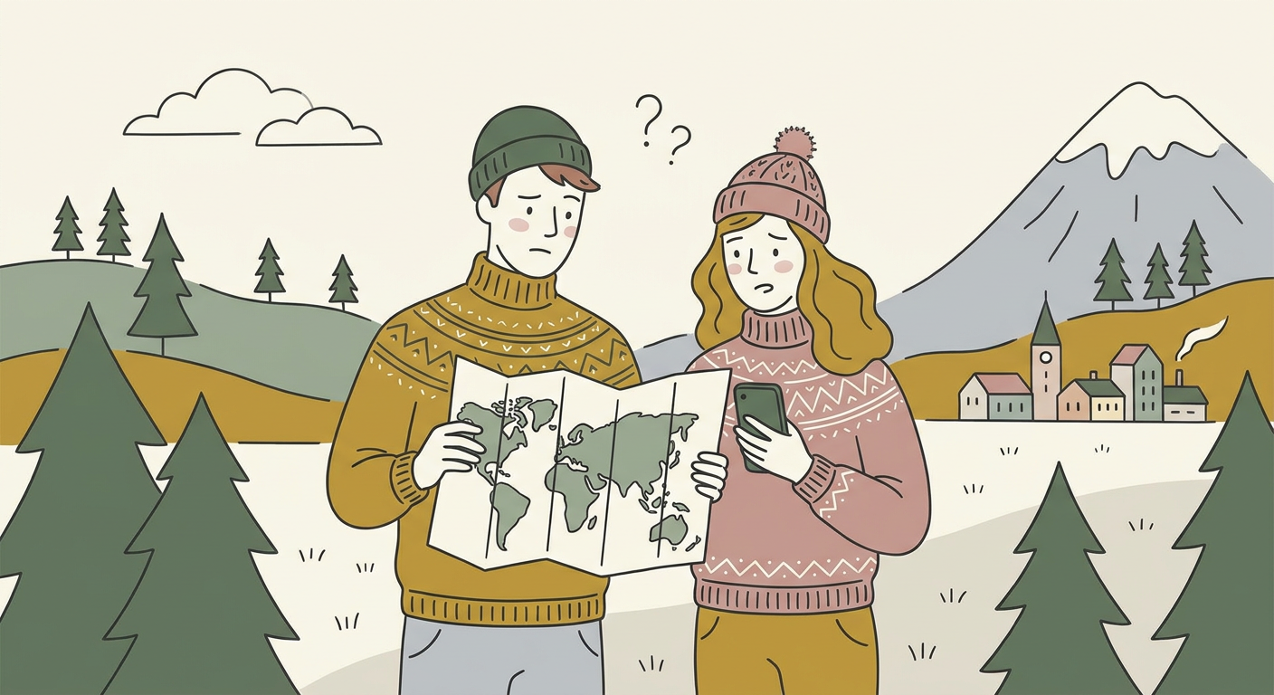 旅行先で地図とスマホを見比べて困っているカップルの北欧イラスト風