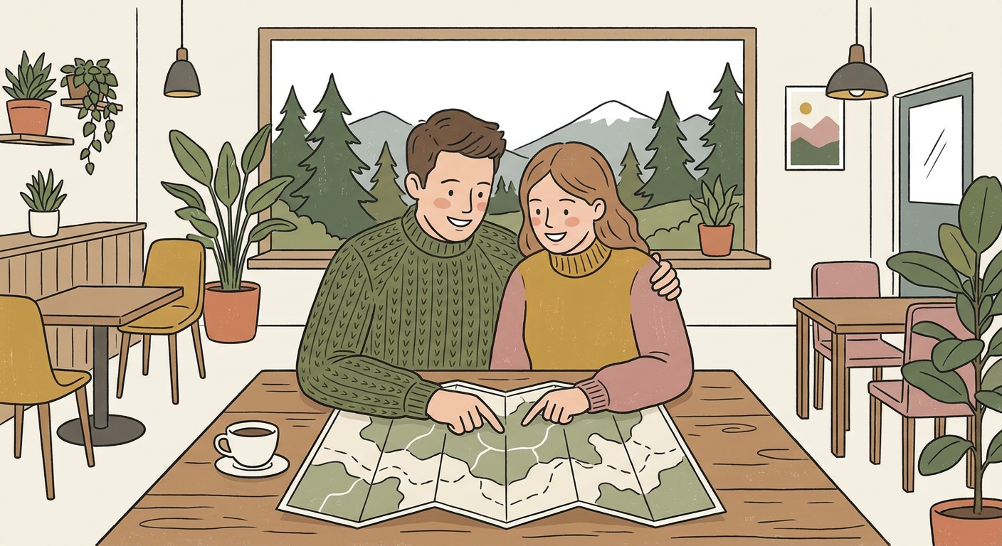 カップルがカフェで地図を広げて旅行計画を立てているシーンの北欧イラスト風