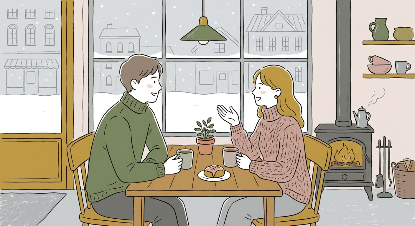 旅行先のカフェで向かい合って話し合っているカップルの北欧イラスト風