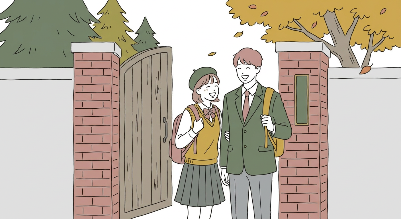 制服を着た高校生が校門前で笑顔で立っているイメージ（北欧イラスト風）