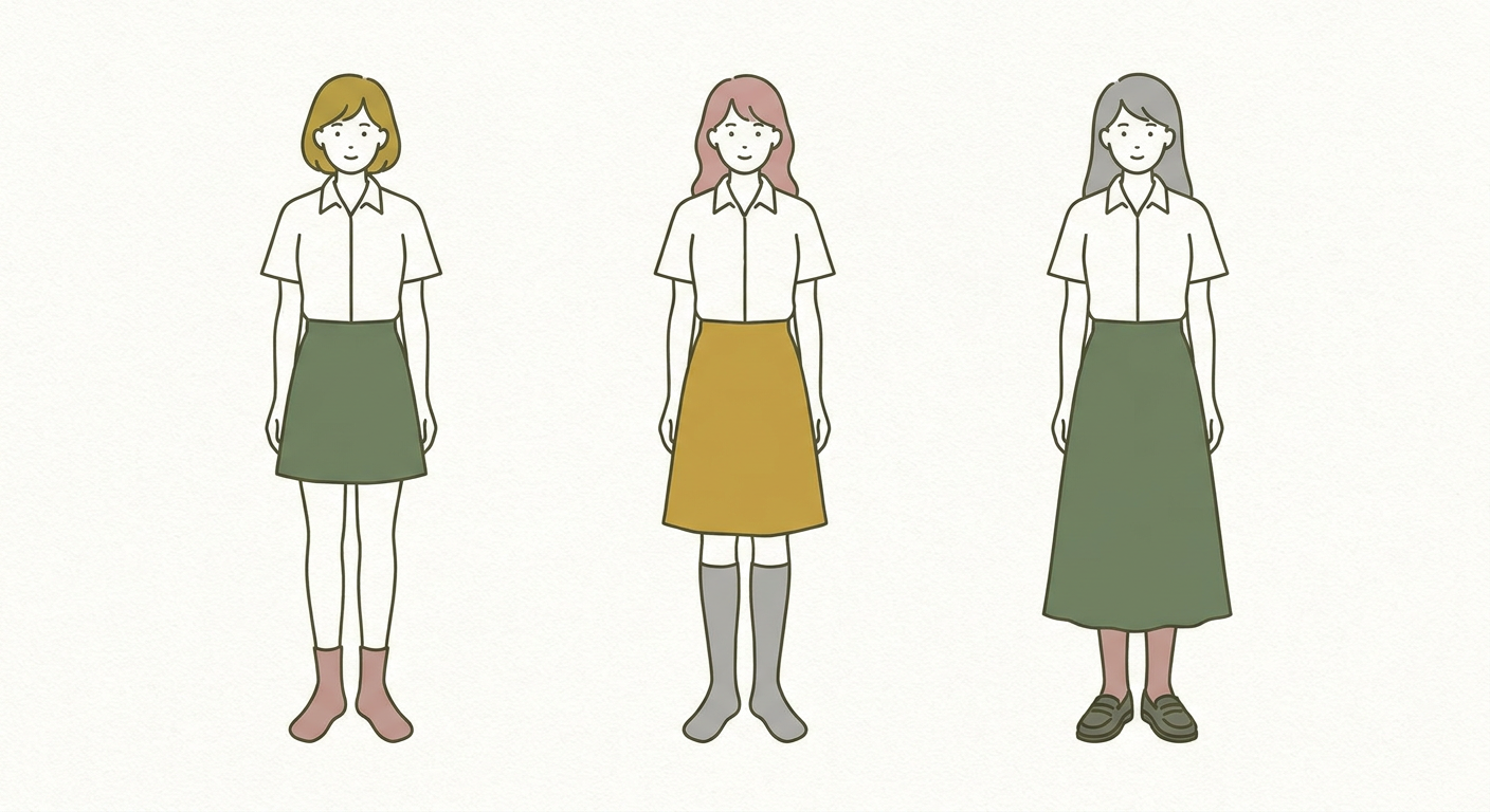 制服のスカート丈と靴下のバランスがわかるイラスト（北欧イラスト風）