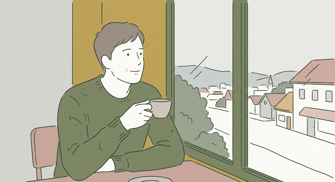 恋愛に自信を失った男性が一人でカフェの窓辺に座り、小さな希望を抱きながら遠くを見つめている穏やかな情景