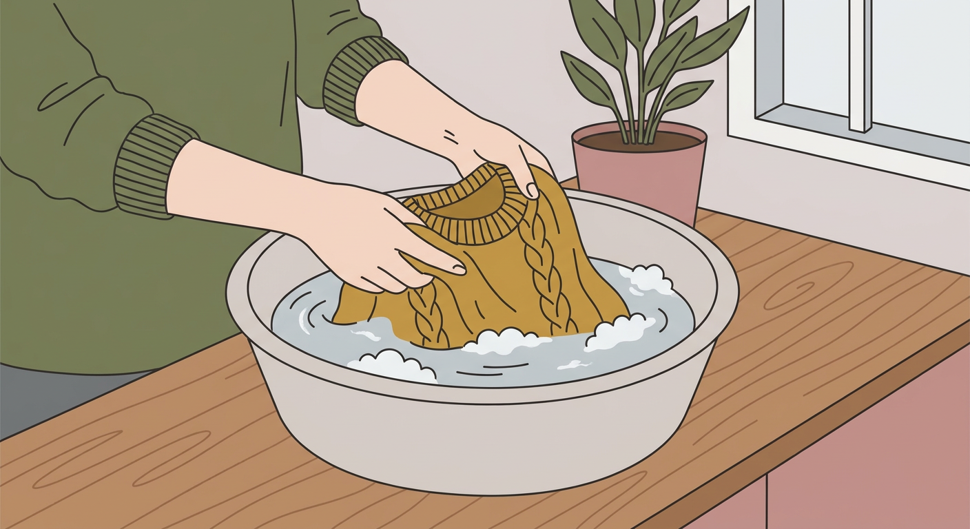 洗面器にぬるま湯を張ってニットを優しく押し洗いするシーン 北欧風くすみカラー