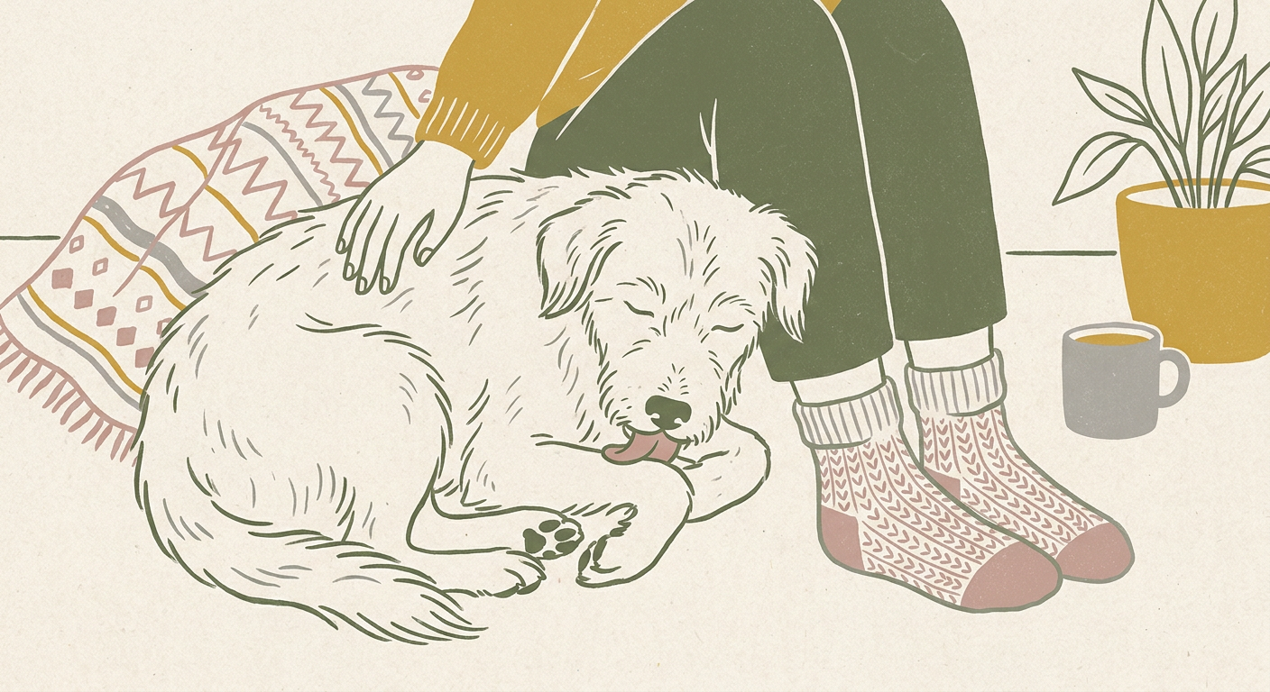 飼い主のそばで安心して手をなめる犬のやさしい雰囲気