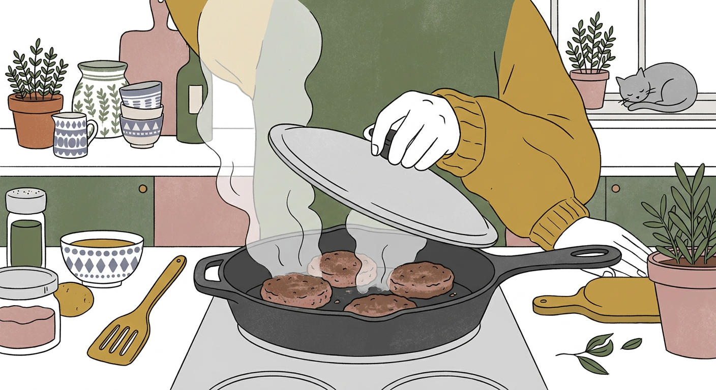 フライパンでハンバーグを蒸し焼きにしている調理シーン、湯気が立ち上る温かみのあるくらしの一場面