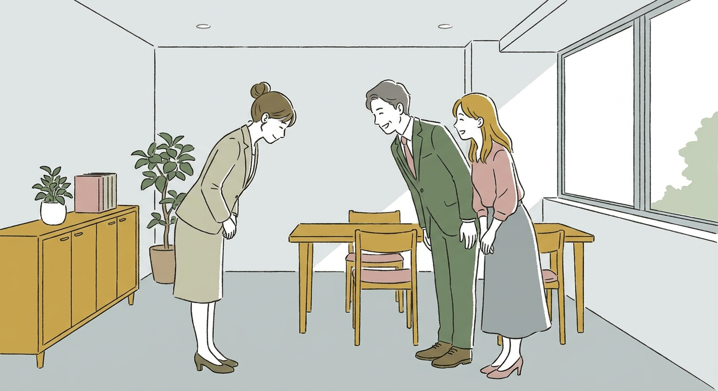 来客にお辞儀をする女性ビジネスパーソンの北欧イラスト風イメージ