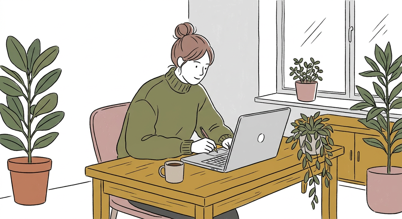 パソコンでメールを書くビジネスパーソンの北欧イラスト風イメージ