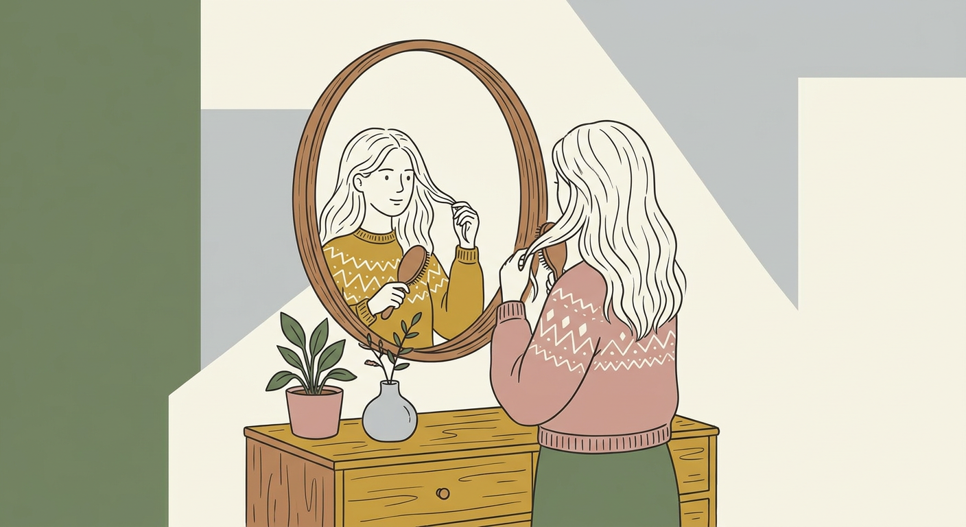 鏡の前で髪を整える女性のイラスト