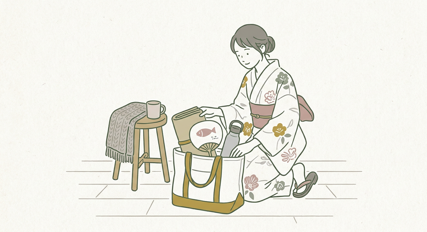 浴衣姿の女性がトートバッグに花火大会の持ち物（うちわ、レジャーシート、ペットボトル）を詰めている準備風景のイラスト