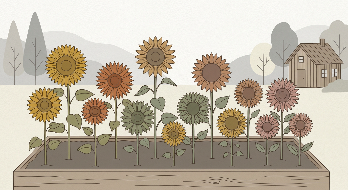 庭の花壇に咲く色とりどりのひまわり品種を並べたガーデニング風景。北欧イラスト風でくすみカラーの黄色やオレンジ、ブラウンの花が穏やかに並ぶ