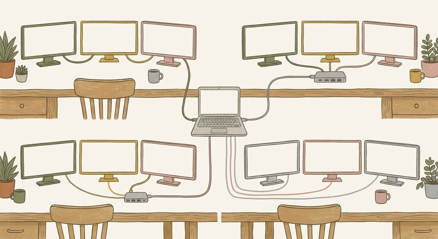 4つの接続方法の概要を示す北欧イラスト風の図。ノートPCから3台のモニターへケーブルが伸びる構成図