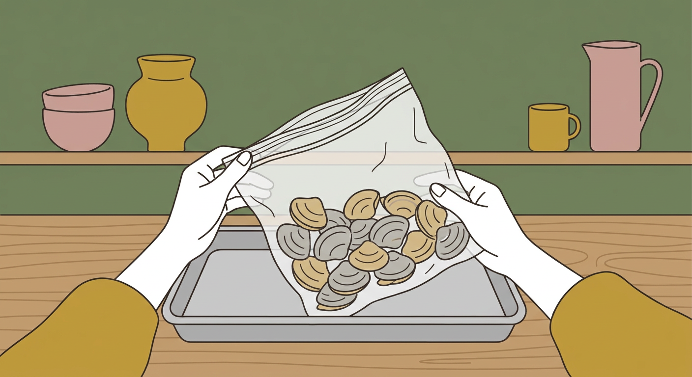 冷凍用保存袋に入った殻つきあさりを金属トレイにのせる様子の北欧イラスト風