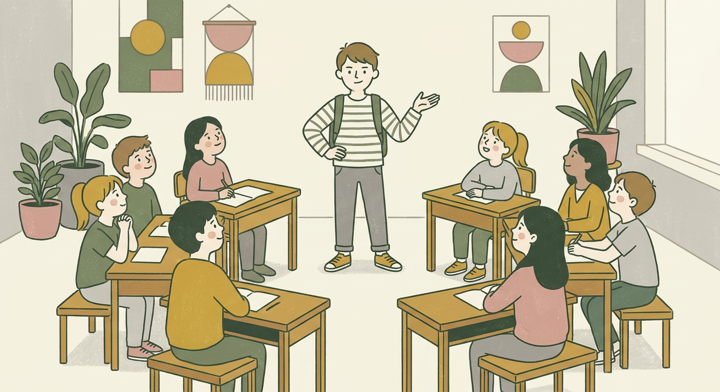 中学生がクラスメイトの前で意気込みを発表しているシーンを北欧イラスト風に