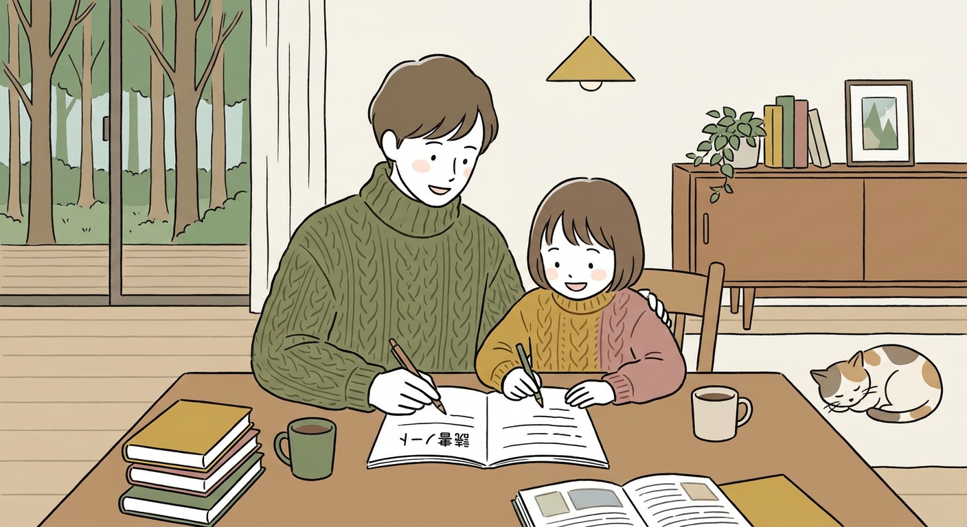 親子で読書ノートを書いている小学生の温かいイメージ