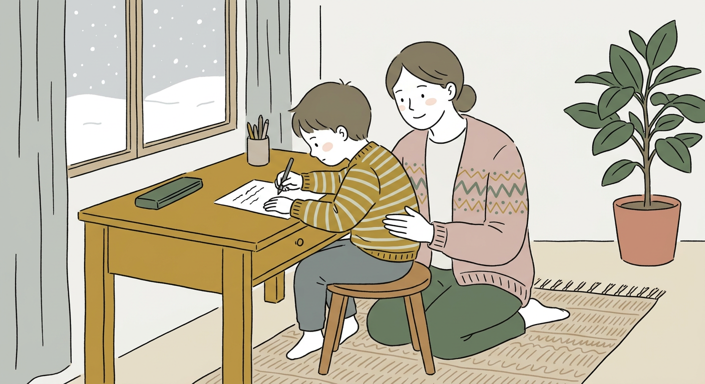 机に向かって作文を書く小学生と寄り添う保護者のイメージ