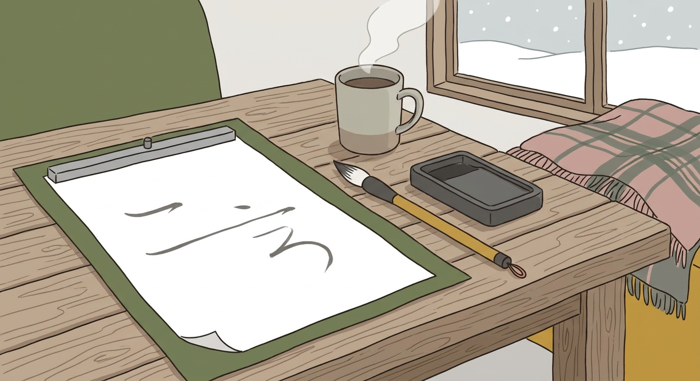 書き初めの用紙と筆を机に並べた冬休みの宿題のイメージ