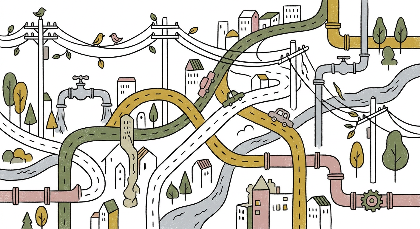 街のインフラ（電線・道路・水道管）が交差するイラストイメージ