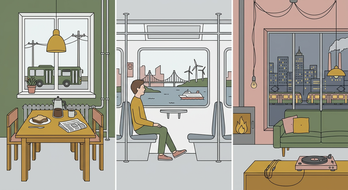 朝の食卓・通勤風景・夜のリビングなど、生活の中のインフラを感じさせるイラスト