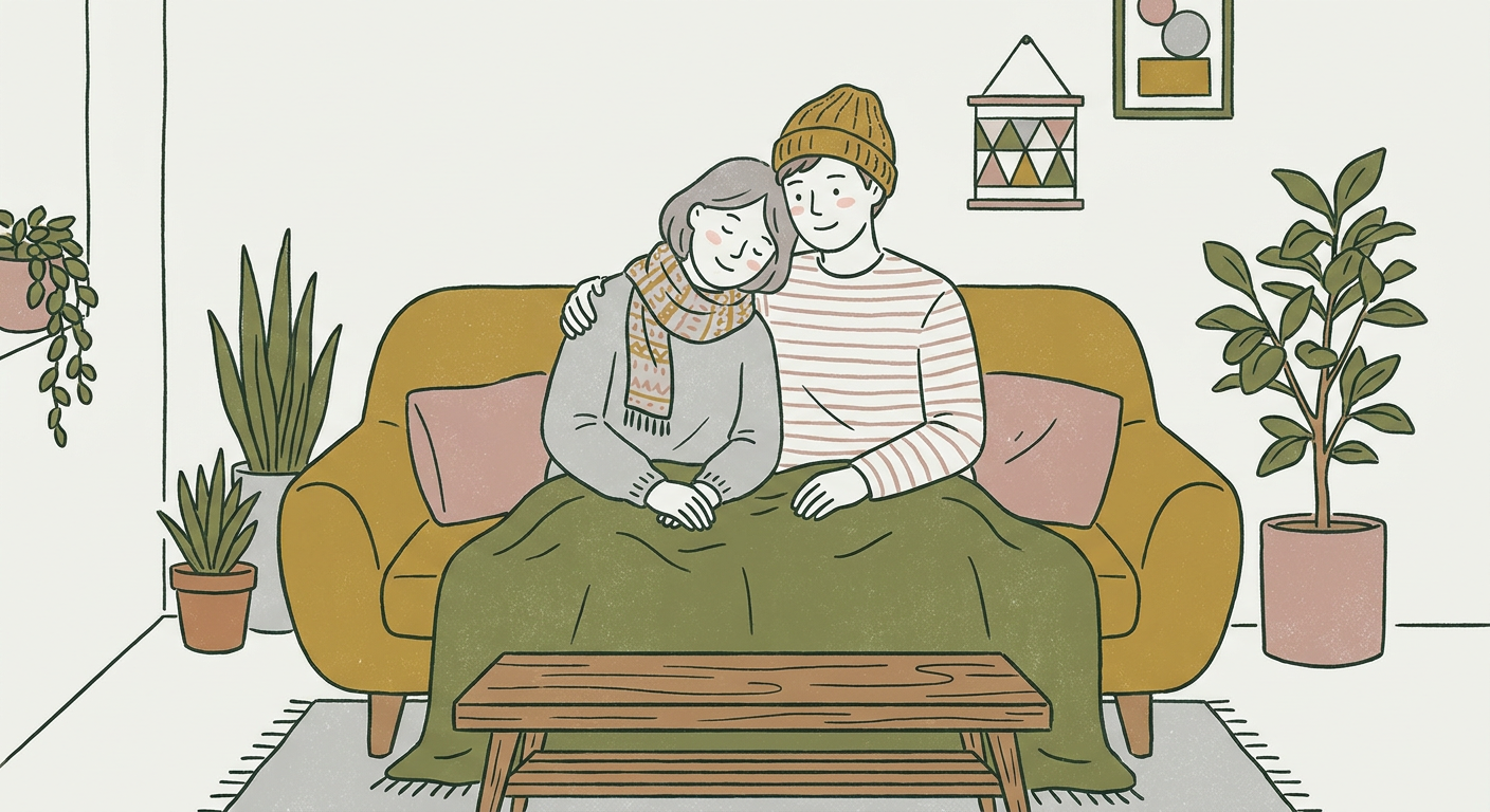 穏やかな表情で人に寄り添う様子をイメージした北欧イラスト風の画像