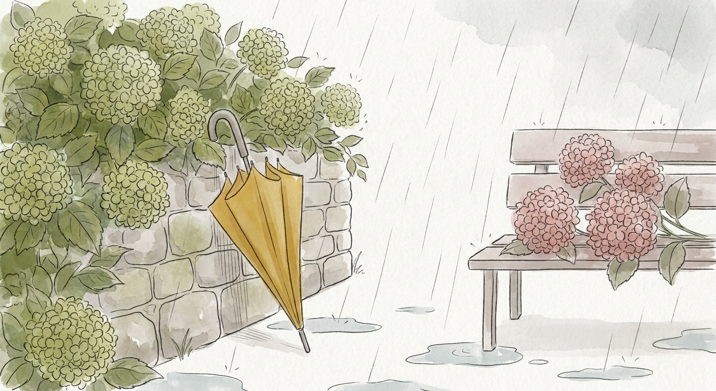 雨に濡れたあじさいと傘の風景