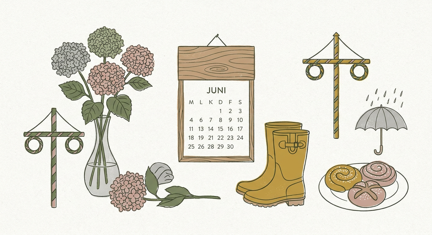 6月の行事をイメージした北欧イラスト風の挿絵（あじさいと暦）