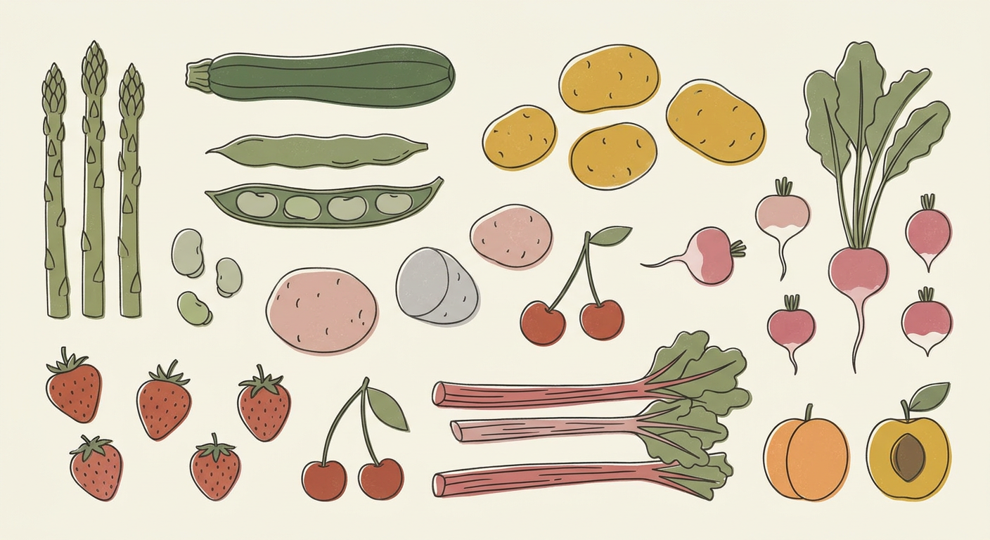 6月の旬の野菜や果物を並べた北欧イラスト風の挿絵