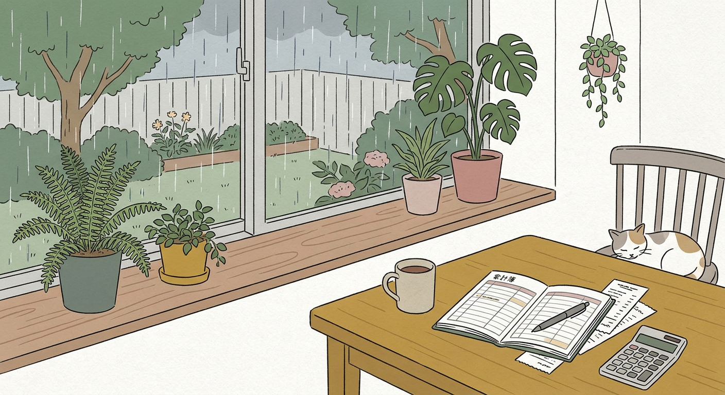 梅雨の窓辺と家計簿のイメージ