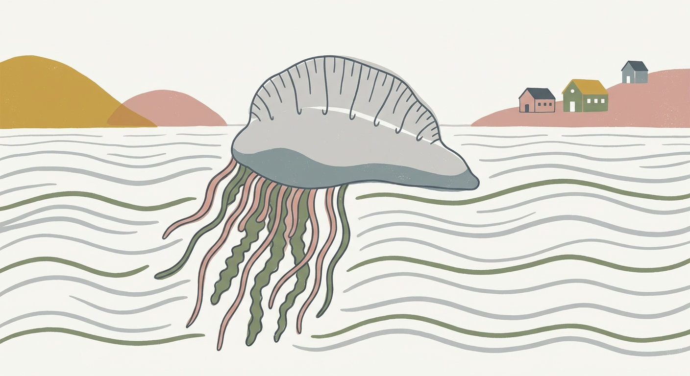 青い浮き袋を持つカツオノエボシが海面に浮かんでいる様子