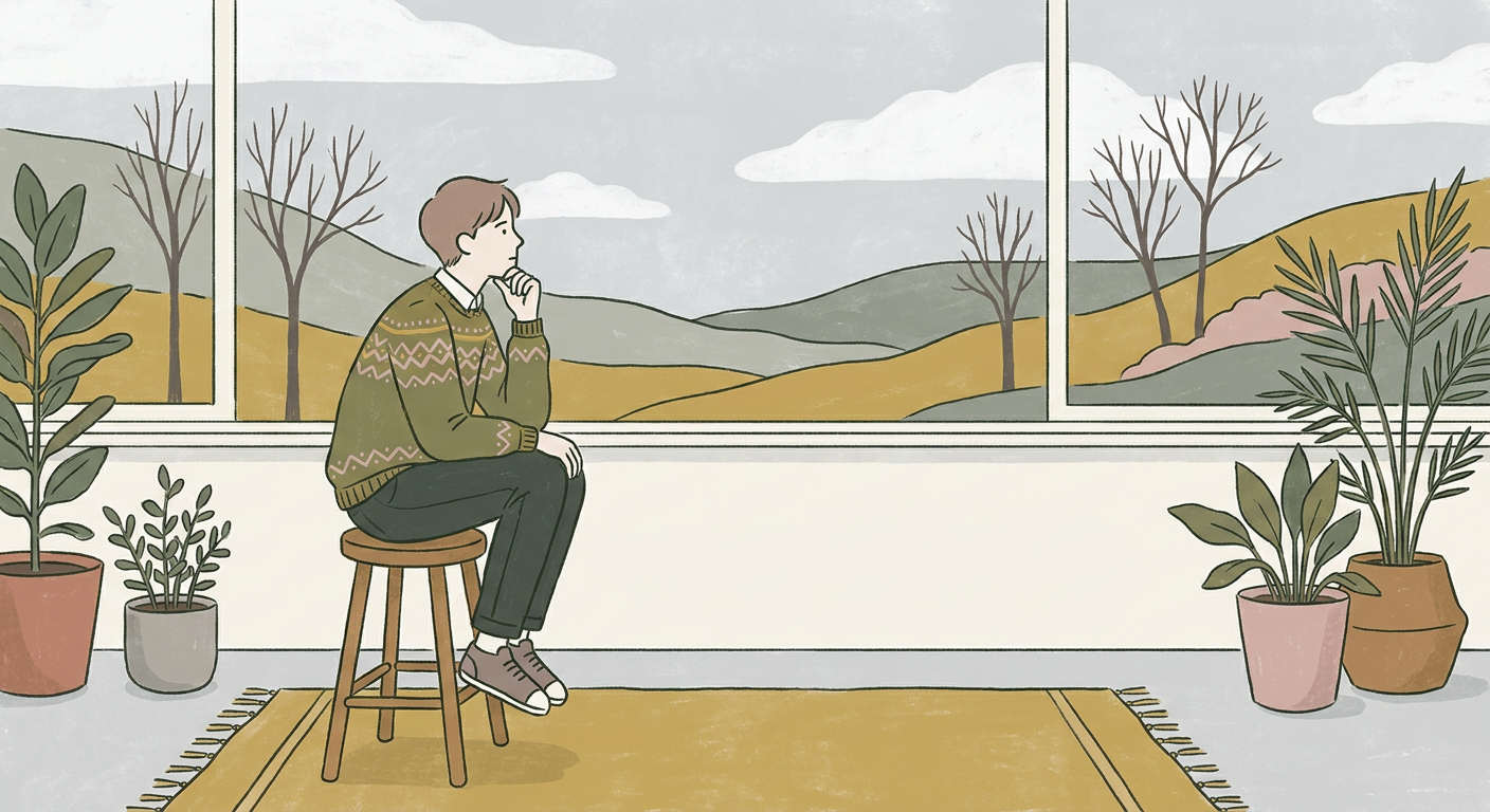 教室の窓際で窓の外を眺めながら考え事をしている高校生の北欧イラスト風シーン、くすみカラー、温かみのある雰囲気