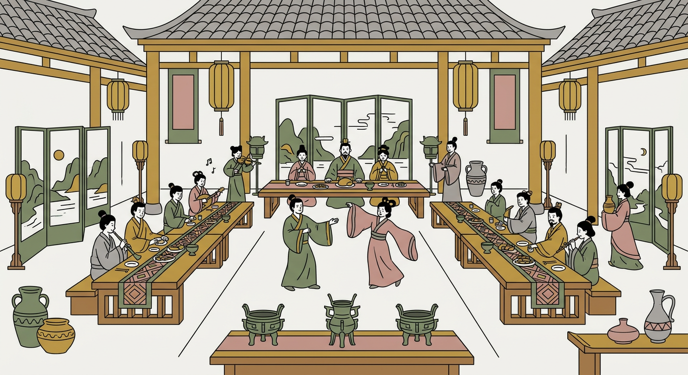 古代中国の宴会場をイメージした北欧イラスト風（くすみカラー）の挿絵