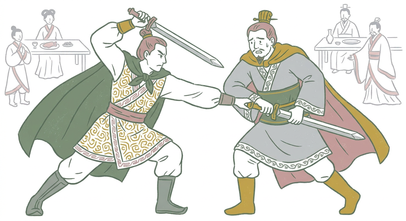 剣の舞をする項荘とそれを止める項伯の緊張した場面（北欧イラスト風）