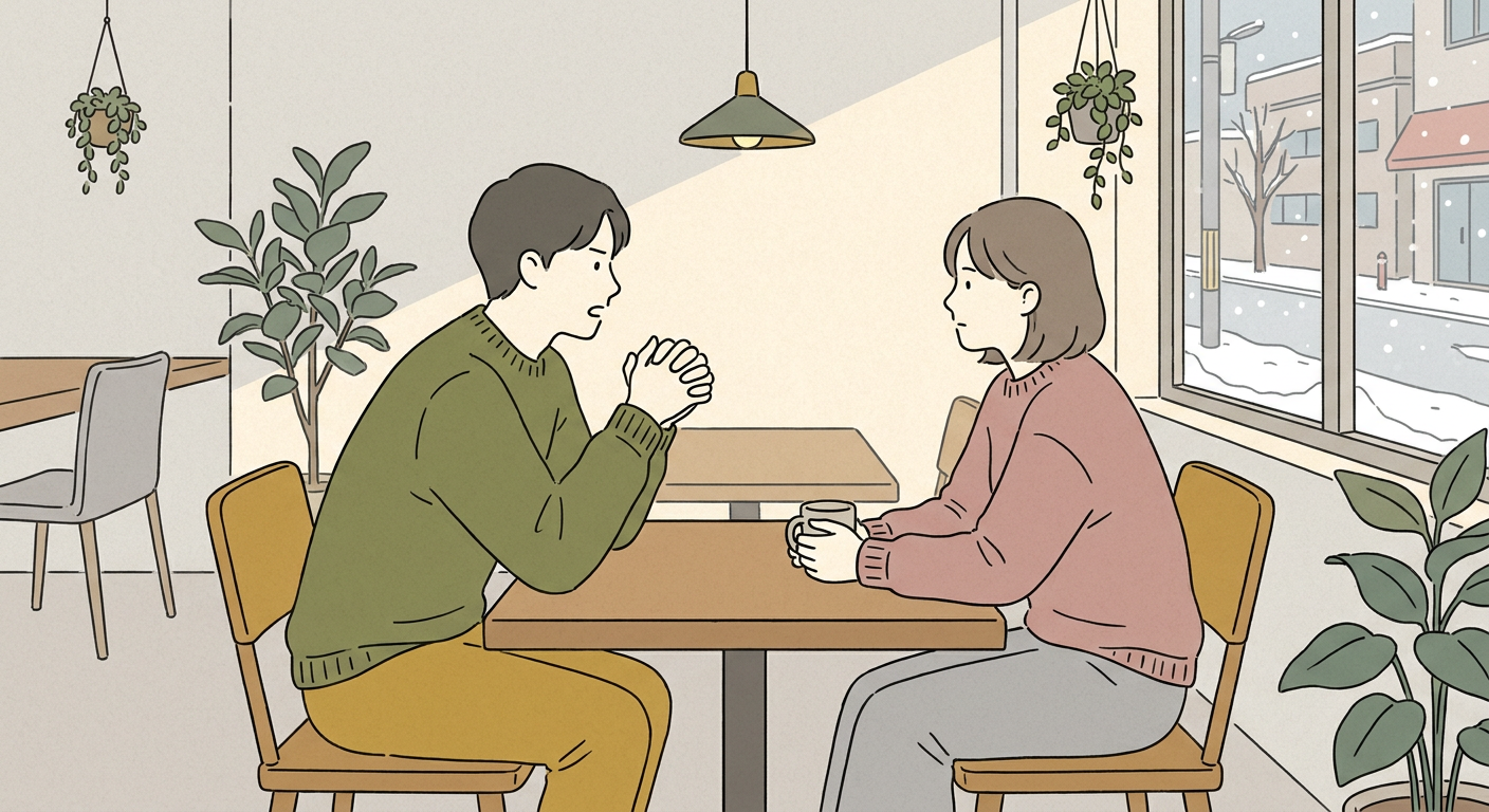 カフェで真剣に語りかける人と耳を傾ける人のイメージ