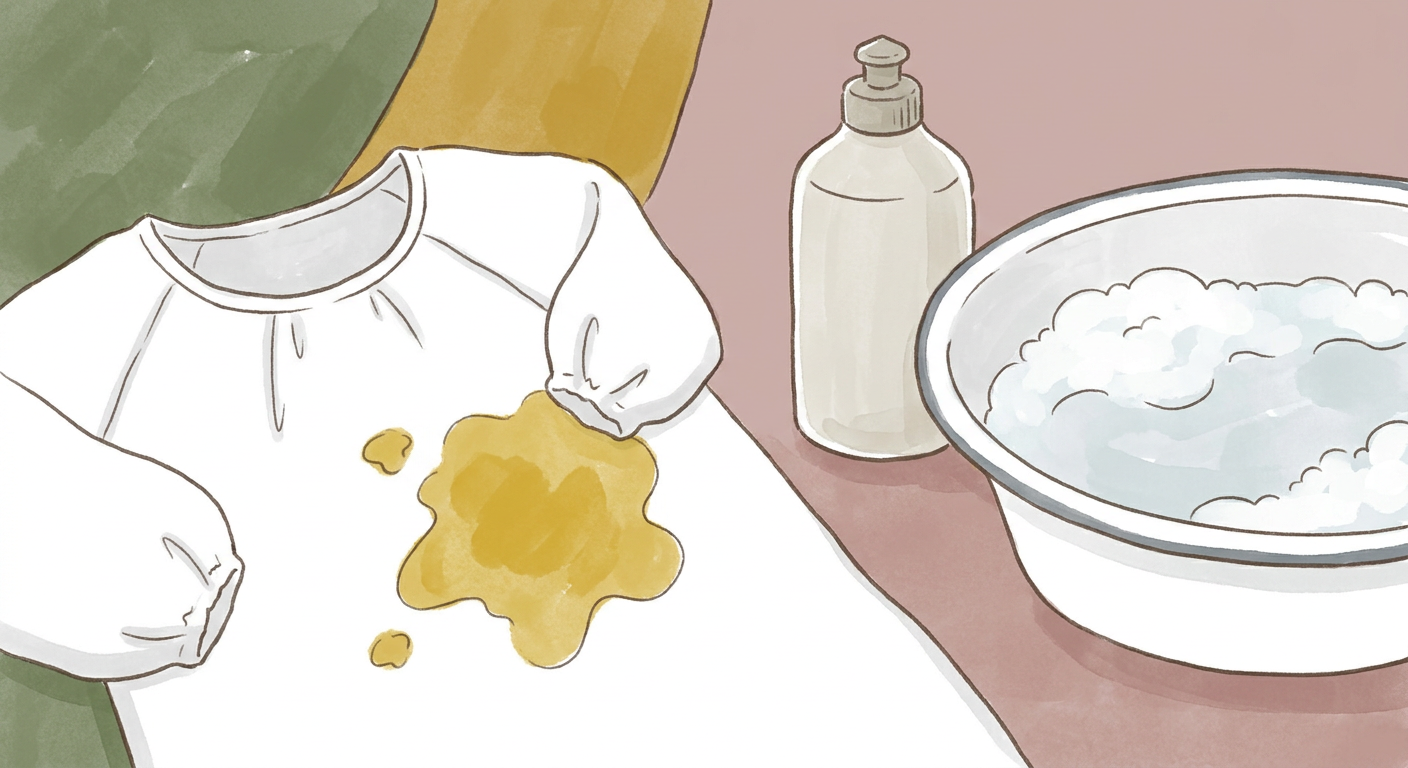 白い給食着にカレーの黄色いシミが付いているクローズアップ。横に食器用洗剤のボトルと洗面器に酸素系漂白剤のお湯が用意されている。北欧イラスト風、シンプル線画+モスグリーンとマスタードのくすみカラー、温かみのあるおしゃれな雰囲気