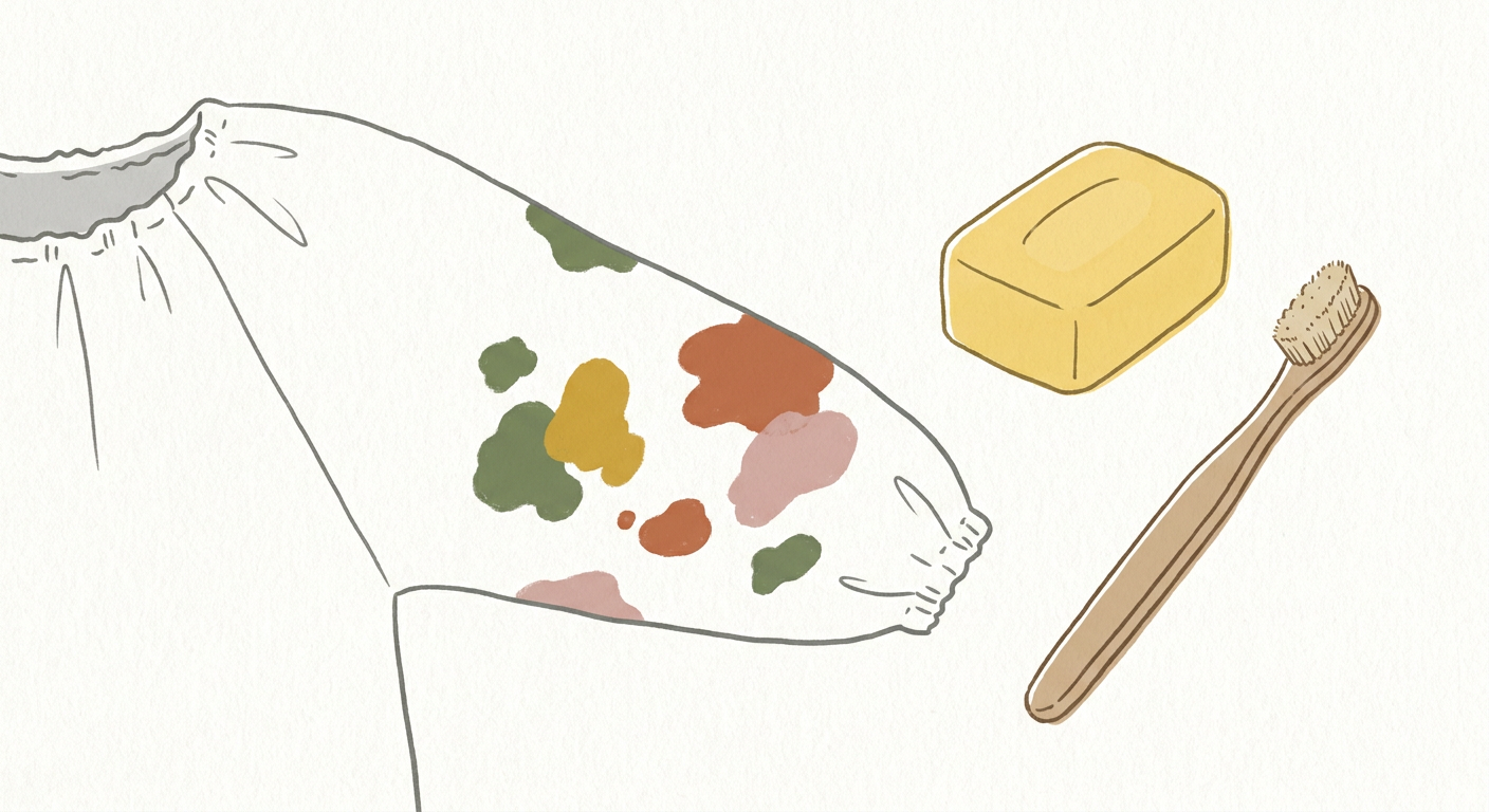 色とりどりの絵の具がついた白い給食着の袖と、固形石鹸(ウタマロ風の黄色いブロック)と歯ブラシが並んでいるシーン。北欧イラスト風、シンプル線画、くすみカラー(マスタード・テラコッタ・モスグリーン)、温かみのあるおしゃれな雰囲気