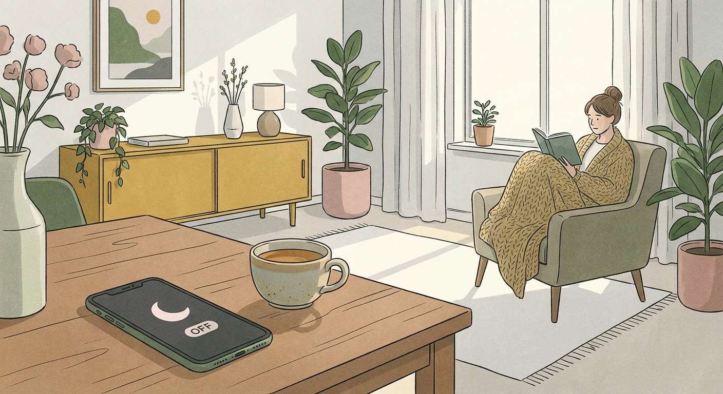 通知オフのスマホとカップを置いて穏やかに過ごす朝のリビングのイラスト