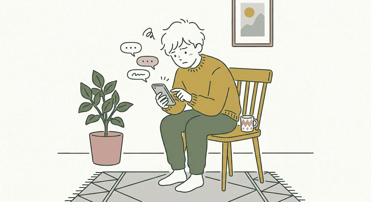 スマホでLINEのやり取りを見て少し戸惑っている若い人のイメージ