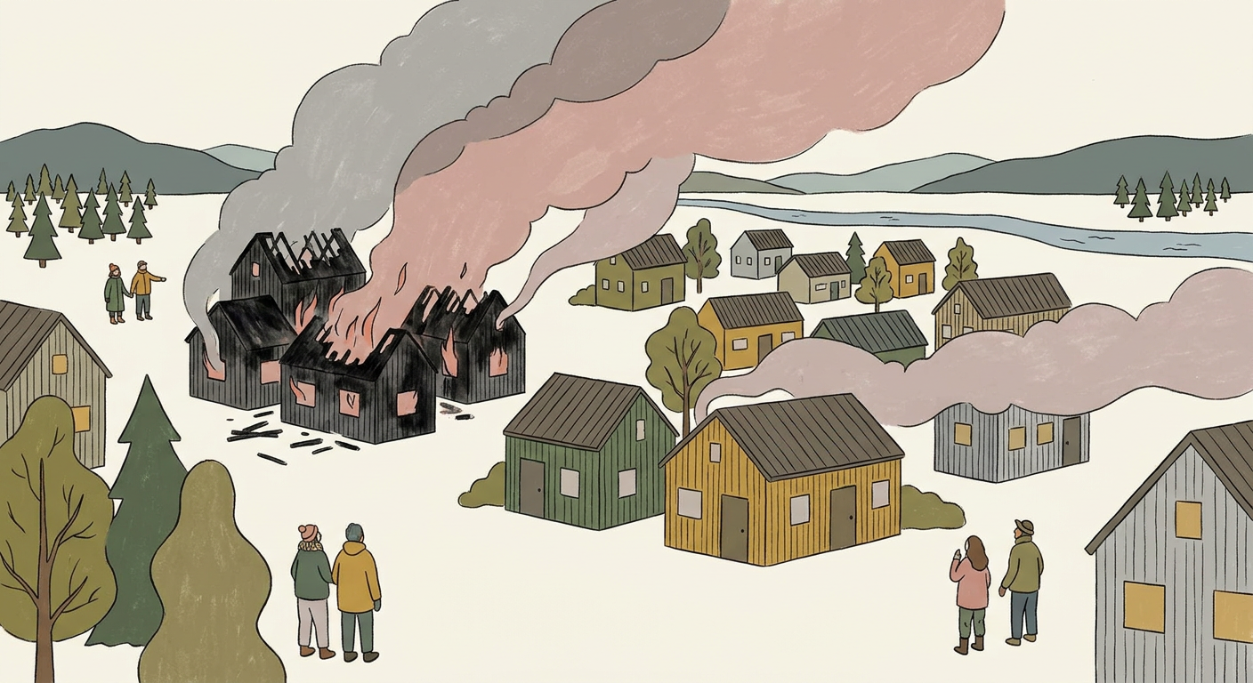 近所で火事があった住宅街で、煙が風に乗って広がっていく様子の北欧イラスト風