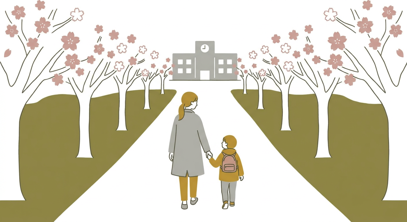 入学式に向かう母親と子どもの後ろ姿、桜並木、清楚な雰囲気