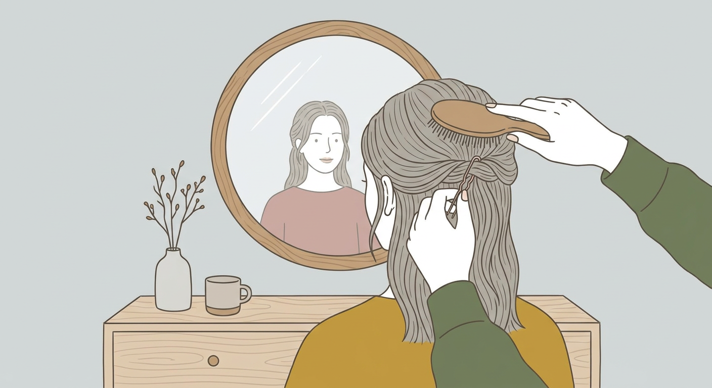 入学式の朝、鏡の前でヘアスタイリングをする母親の手元