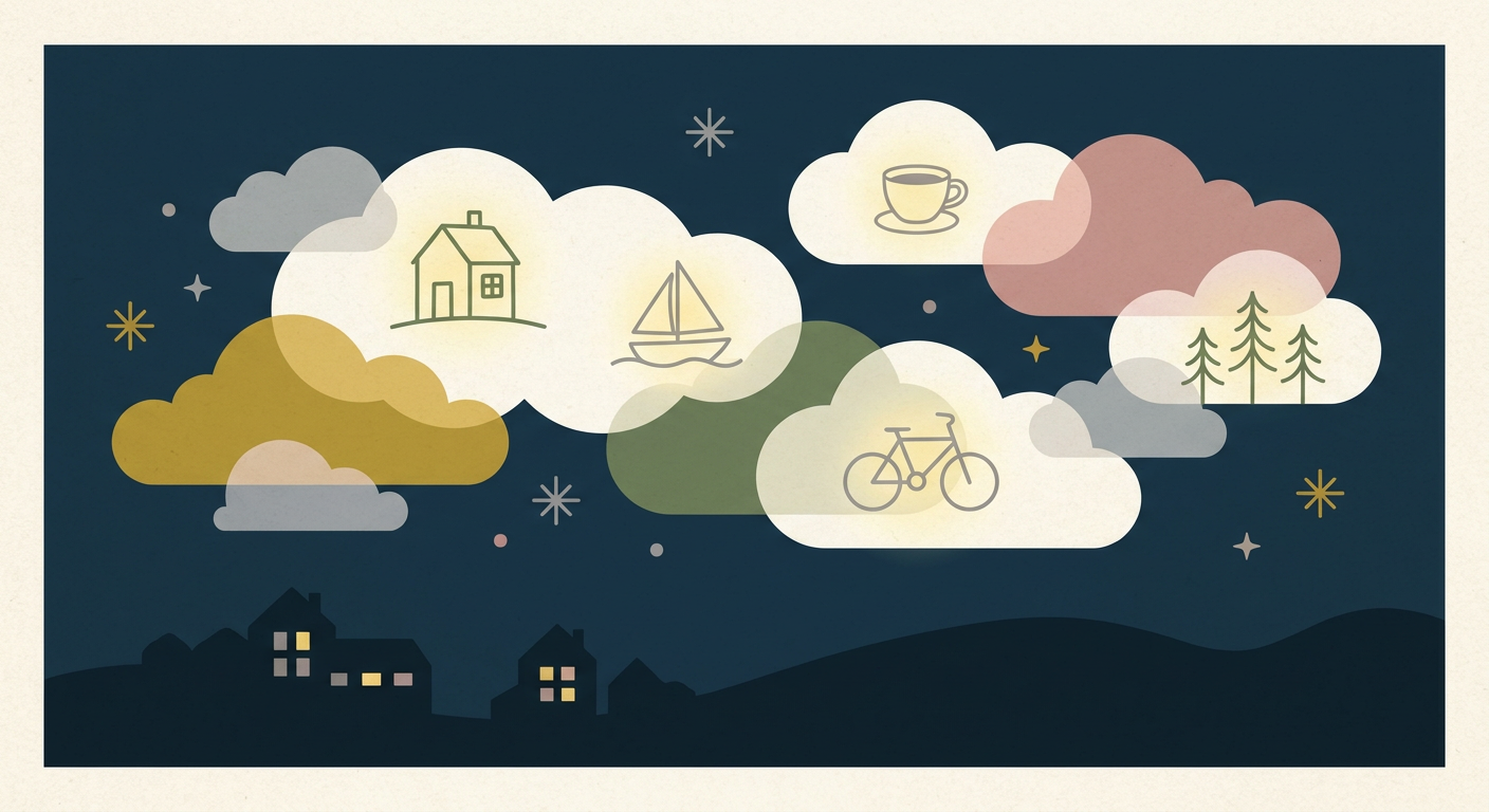 夜空に浮かぶ思い出のイメージ（北欧イラスト風）