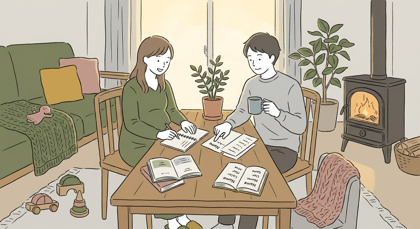 赤ちゃんの名付けを考える親をイメージした、北欧イラスト風のあたたかなシーン